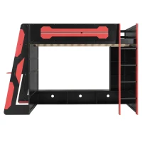 Full Size Wood Loft Bed with Multi-Tier Storage Shelves, Esports-Style Bed Frame with Integrated Side Desk, 93.5'' L x 55.5'' W x 65'' H, Red(m-11)