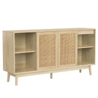 Versatile Sideboard with 3 Sliding Doors and 2 Drawers for Large Storage, Sturdy Cabinet with Solid Wood Legs, 61'' L x 14'' W x 31.5'' H, Wood(m-2)