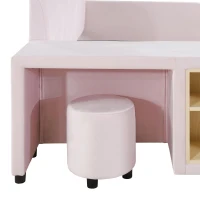 Queen Size Upholstered Platform Bed with Bedside Desk and Round Stool, Low-Profile Bed with Safety Rails, 85'' L x 73'' W x 29'' H, Pink(m-8)