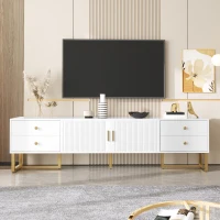 Modern TV Cabinet with Textured Doors, 4 Drawers & 2 Cabinets, Solid TV Stand with Metal Handles and Legs, 69'' L x 12'' W x 17.5'' H, White(m-1)