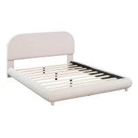 Full Size Upholstered Bed with Curved Headboard and Footboard, Sturdy Bedboard with Plywood & MDF Frame, 80.5'' L x 60'' W x 37'' H, Beige(m-2)