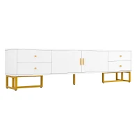 Modern TV Cabinet with Textured Doors, 4 Drawers & 2 Cabinets, Solid TV Stand with Metal Handles and Legs, 69'' L x 12'' W x 17.5'' H, White(m-11)