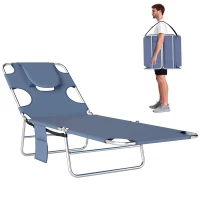 Outsunny Folding Outdoor Lounge Chair, 5-Level Tanning Chair with Face Hole, Side Pocket, Carry Strap for Beach Pool, Grey(m-11)