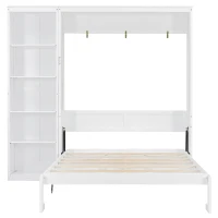 Queen Size Murphy Wall Bed with Reversible Shelf and Flexible Slat, Fold-Away Cabinet with 5-Tier Storage, 94'' L x 82'' W x 88.5'' H, White(m-8)