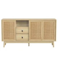 Versatile Sideboard with 3 Sliding Doors and 2 Drawers for Large Storage, Sturdy Cabinet with Solid Wood Legs, 61'' L x 14'' W x 31.5'' H, Wood(m-7)