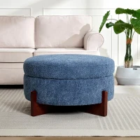 Round Tufted Ottoman with Upholstered Top and Solid Wood Legs, Versatile Coffee Table with Hidden Storage, 32'' L x 32'' W x 18'' H, Blue(m-1)
