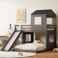 Wooden Twin-Over-Full Bunk Bed with Built-in 3-step Ladder and Guardrails, Playhouse Loft Bed with Slide, 82'' L x 89'' W x 82.5'' H, Antique Gray(m-4)