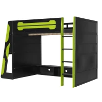 Full Size Wood Loft Bed with Under-Bed Console Storage, Esports-Style Bed Frame with Integrated Work Desk, 93.5'' L x 55.5'' W x 65'' H, Green(m-12)