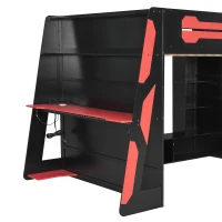 Full Size Wood Loft Bed with Multi-Tier Storage Shelves, Esports-Style Bed Frame with Integrated Side Desk, 93.5'' L x 55.5'' W x 65'' H, Red(m-8)