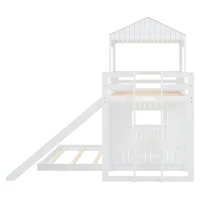 Twin-Over-Full Playhouse Bunk Bed Loft with Slide and 3-Step Ladder, Farmhouse Bed Frame with Guardrails, 82'' L x 89'' W x 82.5'' H, White(m-9)