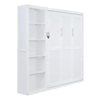 Queen Size Murphy Wall Bed with Reversible Shelf and Flexible Slat, Fold-Away Cabinet with 5-Tier Storage, 94'' L x 82'' W x 88.5'' H, White(m-9)