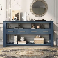 Large Entryway Console with 4 Drawers and 3-Tier Open Shelves, Versatile Table with Adjustable Feet, 62'' L x 14'' W x 32'' H, Navy Blue(m-8)