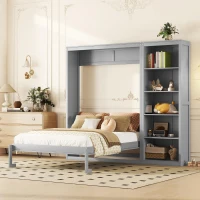 Queen Size Murphy Wall Bed with Dual Piston Mechanism and Shelves, Fold-Away Bed with Flexible Slat, 94'' L x 82'' W x 88.5'' H, Gray(m-4)