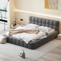Queen Size Upholstered Bed with Grounded Solid Plywood & MDF Frame, Sturdy Bedboard with Wooden Slats, 87.5'' L x 66.5'' W x 23.5'' H, Gray(m-4)