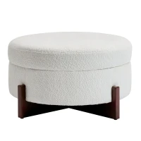 Round Storage Ottoman with Storage and Wood Legs, Versatile Coffee Table with Tufted Upholstered Top, 32'' L x 32'' W x 18'' H, Soft White(m-2)