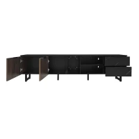 Modern TV Cabinet with 2 Doors, Drawers and Open Shelves, Stylish Storage Cabinet with LED Lighting, 78.5'' L x 20'' W x 15'' H, Black+Wood(m-11)