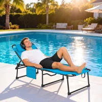 Outsunny Folding Chaise Tanning Lounge Chair w/ 5-level Reclining Back, Reading Hole, Side Pocket, Headrest, Blue(m-10)