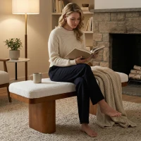 End-of-Bed Bench with Velvet Upholstery and High‑Density Foam Seat, Modern Ottoman with Rubberwood Legs, 47'' L x 17'' W x 17'' H, Walnut(m-7)