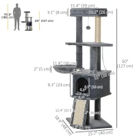 PawHut 50 Inch Cat Tree, Multi-Level Cat Tower with Sisal Scratching Posts and Ramp, Bed, Condo, Hammock, Toy Ball, Grey(m-3)