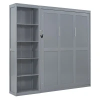 Queen Size Murphy Wall Bed with Dual Piston Mechanism and Shelves, Fold-Away Bed with Flexible Slat, 94'' L x 82'' W x 88.5'' H, Gray(m-9)