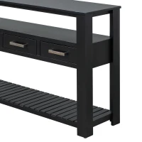 Large Entryway Console with 4 Drawers and 3-Tier Shelves, Sturdy Table with Metal Handlesand Adjustable Feet, 62'' L x 14'' W x 32'' H, Black(m-9)
