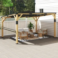 Outsunny 10' x 14' Wooden Gazebo, Hardtop Lean-to Gazebo Pergola with Galvanized Steel Sloped Roof, Bar Shelf, Natural Wood(m-8)