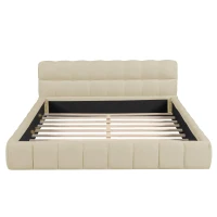 Queen Size Upholstered Bed with MDF & Particleboard Frame, Low-Profile Grounded Bed with Wooden Slats, 87.5'' L x 66.5'' W x 23.5'' H, Beige(m-2)