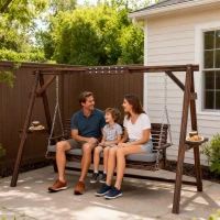 Outsunny 3 Seat Wooden Porch Swing with Stand, Patio Swing with Cushion, for Garden, Poolside, Backyard, Carbonized Brown(m-10)