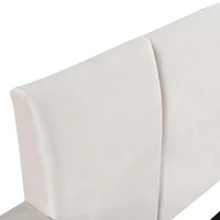 Queen Size Upholstered Bed with Built-In Bedside Desk and Round Stool, Solid Bedboard with Sturdy MDF Frame, 85'' L x 73'' W x 29'' H, Beige(m-7)