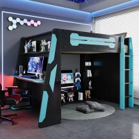 Full Size Wood Loft Bed with Integrated Desk and RGB Lighting, Esports-Style Bed with Multi-Tier Shelves, 93.5'' L x 55.5'' W x 65'' H, Blue(m-1)