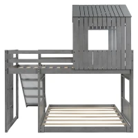 Wooden Twin-Over-Full Bunk Bed with Built-in 3-step Ladder and Guardrails, Playhouse Loft Bed with Slide, 82'' L x 89'' W x 82.5'' H, Antique Gray(m-10)