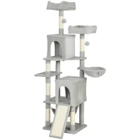 PawHut Cat Tree, 70" Multi-Level Cat Tower with 2 Condos, 2 Beds, Hammock, Toy Balls, Scratching Posts and Board, Light Grey(m-2)