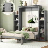 Full Size Murphy Bed with Shelves, LED Lights, Space-Saving Wall Bed with Flexible Slats, Dual Piston Mechanism, 91" L x 81" W x 84" H, Grey(m-1)