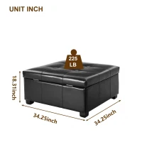 Large Square Ottoman with Upholstered PU Leather and High‑Density Foam, Modern Coffee Table with Storage, 34'' L x 34'' W x 18.5'' H, Black(m-3)