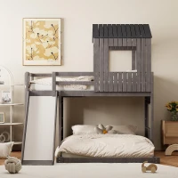 Wooden Twin-Over-Full Bunk Bed with Built-in 3-step Ladder and Guardrails, Playhouse Loft Bed with Slide, 82'' L x 89'' W x 82.5'' H, Antique Gray(m-1)