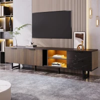 Modern TV Cabinet with 2 Doors, Drawers and Open Shelves, Stylish Storage Cabinet with LED Lighting, 78.5'' L x 20'' W x 15'' H, Black+Wood(m-1)