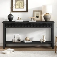 Modern Entryway Table with Bottom Open Shelf and Iron Handles, Multi-Functional Console with Wide Surface, 60'' L x 15.5'' W x 31'' H, Black(m-8)