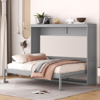 Full Size Murphy Wall Bed with Slatted Mattress Support, Space-Saving Cabinet Bed with Dual-Piston Lift, 77.5'' L x 61.5'' W x 62'' H, Gray