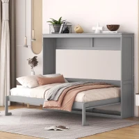 Full Size Murphy Wall Bed with Slatted Mattress Support, Space-Saving Cabinet Bed with Dual-Piston Lift, 77.5'' L x 61.5'' W x 62'' H, Gray(m-1)