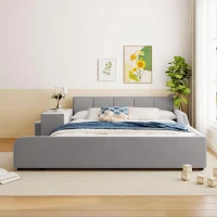 Queen Size Upholstered Bed with Built-In Bedside Desk and Round Stool, Solid Bedboard with Sturdy MDF Frame, 85'' L x 73'' W x 29'' H, Gray(m-4)