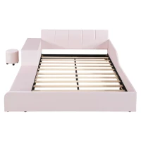 Full Size Upholstered Bed with Built-in Bedside Desk and Round Stool, Solid Bedboard with Plywood & MDF Frame, 80'' L x 68'' W x 29'' H, Pink(m-9)
