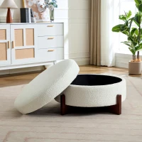 Round Storage Ottoman with Storage and Wood Legs, Versatile Coffee Table with Tufted Upholstered Top, 32'' L x 32'' W x 18'' H, Soft White(m-4)