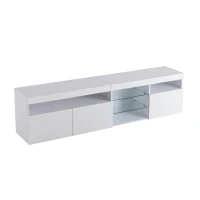 Modern TV Cabinet with 3-Door Storage and Internal Shelves, Elegant Media Console with USB LED Lighting, 71'' L x 13.5'' W x 19'' H, White(m-2)