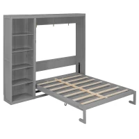 Queen Size Murphy Wall Bed with Dual Piston Mechanism and Shelves, Fold-Away Bed with Flexible Slat, 94'' L x 82'' W x 88.5'' H, Gray(m-10)