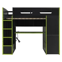 Full Size Wood Loft Bed with Built-In Desk and Gaming Station, Sturdy Bed Frame for Gamers and Multitaskers, 78.5'' L x 56.5'' W x 65'' H, Green(m-9)