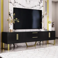 Modern TV Cabinet with Centre Drawers and Internal Shelves, Floor-Standing Console with Cable Management, 67'' L x 15.5'' W x 20.5'' H, Black(m-1)