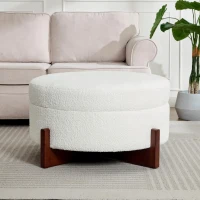 Round Storage Ottoman with Storage and Wood Legs, Versatile Coffee Table with Tufted Upholstered Top, 32'' L x 32'' W x 18'' H, Soft White(m-1)