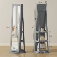 HOMCOM 360° Swivel Jewelry Armoire, Lockable Jewelry Cabinet with Full-Length Mirror, Storage Shelves, Gray(m-3)