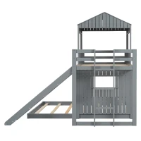 Wooden Twin-Over-Full Bunk Bed with Integrated 3-Step Ladder and Guardrails, Playhouse Loft Bed with Slide, 82'' L x 89'' W x 82.5'' H, Gray(m-9)