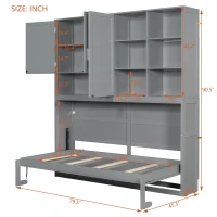 Twin-Size Wall Murphy Bed with Integrated Storage, Flexible Slat, Foldaway Bed with Dual-Piston Mechanism, 83'' L x 15.5'' W x 90.5'' H, Gray(m-3)